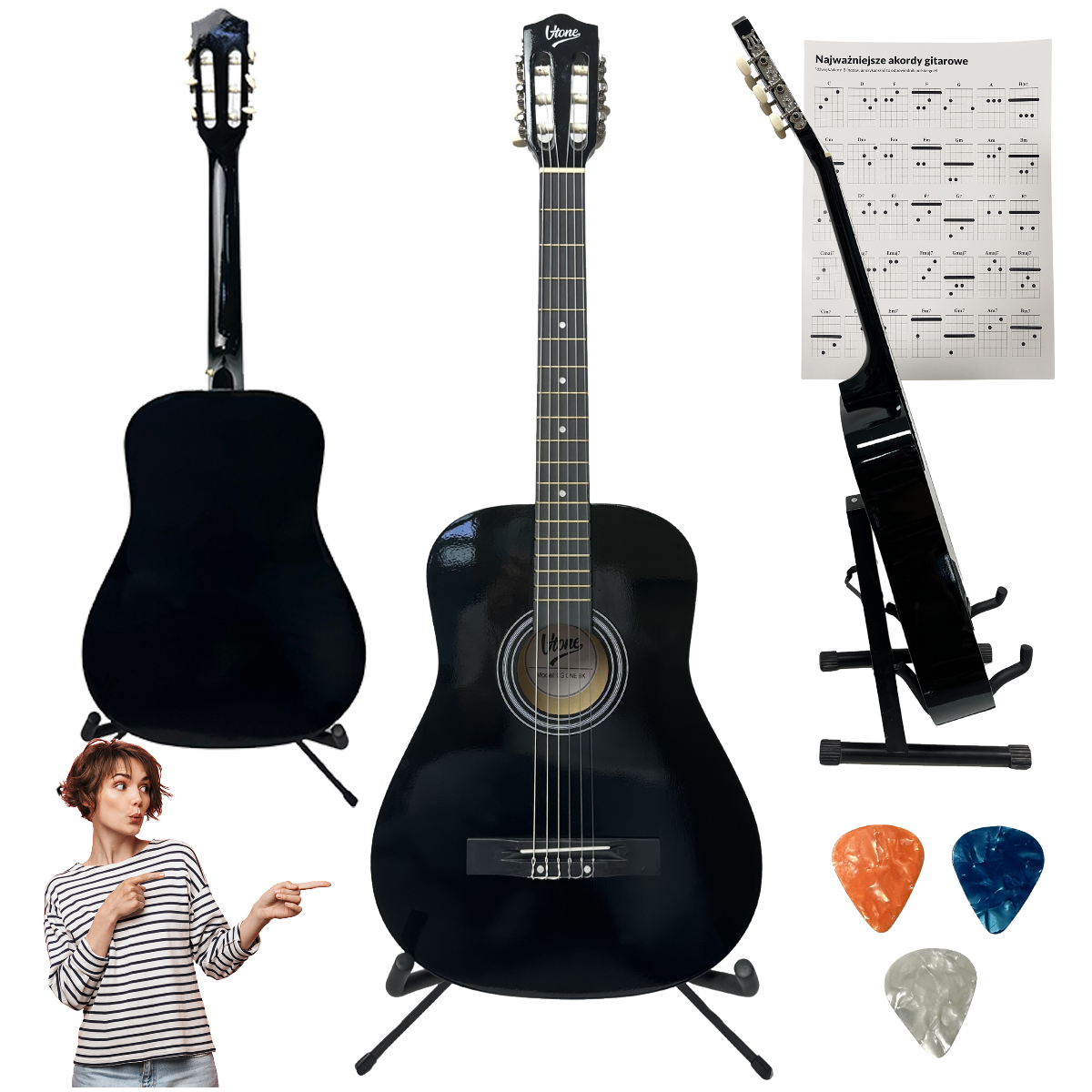 V-TONE BCG BK gitara klasyczna 4/4 czarna do nauki dla początkujących 3x kostka do gry akordy zestaw