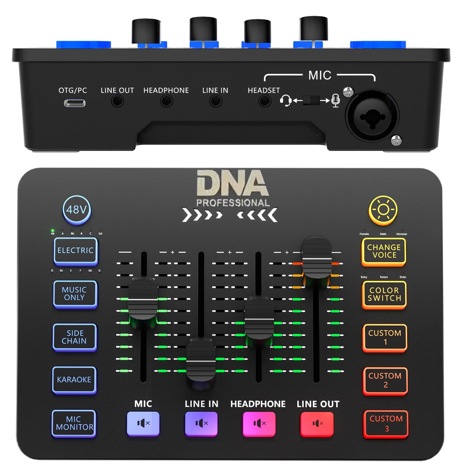 DNA SC ONE analogowy mikser audio 2 kanały USB-C Phantom podświetlenie RGB zmiana głosu pogłos personalizowane efekty dźwiękowe