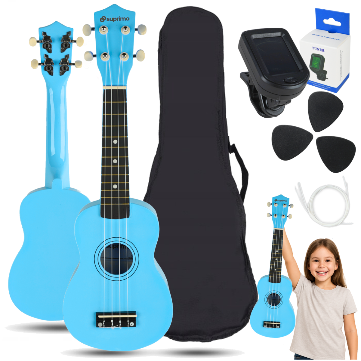 SUPRIMO UK21 SET  LB ukulele sopranowe 21" niebieskie drewniane pokrowiec 3 kostki do gry zapasowe struny tuner zestaw dla dzieci do nauki gry