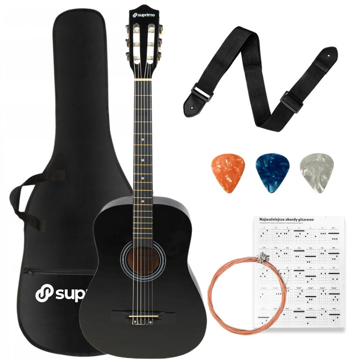 SUPRIMO CGS2 BK gitara klasyczna 4/4 czarna do nauki dla początkujących kostki pasek zapasowe struny pokrowiec akordy zestaw