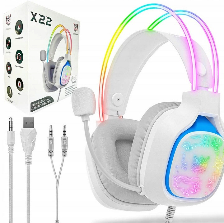 ONIKUMA X22 WH słuchawki gamingowe dla graczy nauszne przewodowe RGB LED mikrofon
