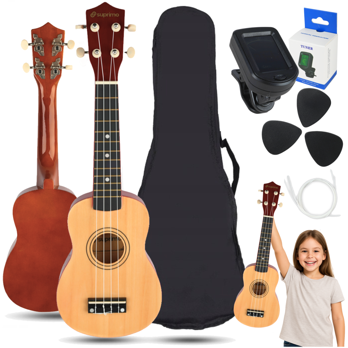 SUPRIMO UK21 SET  NW ukulele sopranowe 21" naturalne drewniane pokrowiec 3 kostki do gry zapasowe struny tuner zestaw dla dzieci do nauki gry