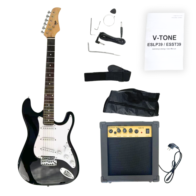 V-TONE ESST39 BK gitara elektryczna 4/4 stratocaster 39" SSS czarna + wzmacniacz gitarowy zestaw