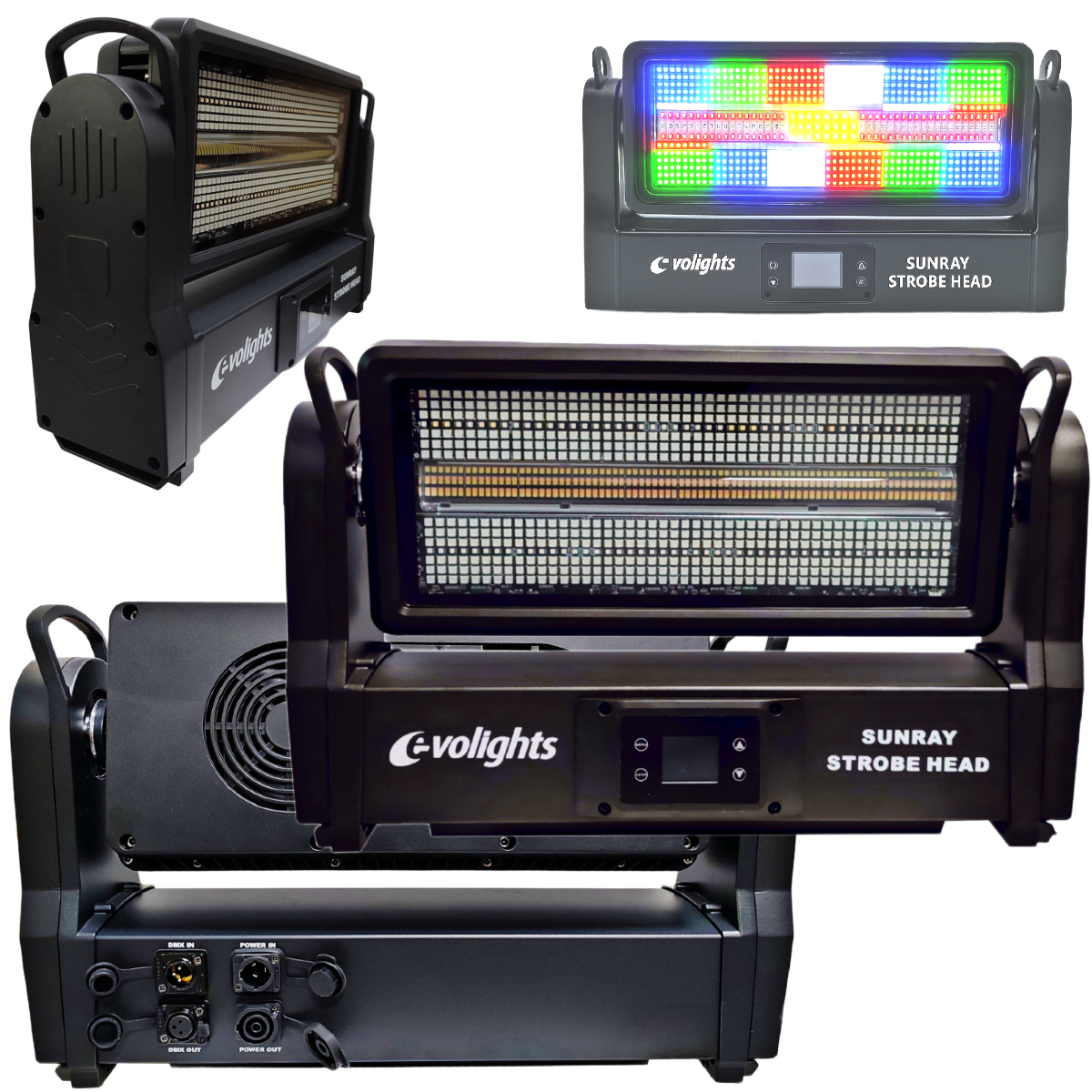 EVOLIGHTS SUNRAY STROBE HEAD ruchomy stroboskop sceniczny IP65 oświetlenie LED efekt świetlny 576x0,2W RGB SMD 5050+336x1W CW/A SMD 3030 2x uchwyt montażowy omega