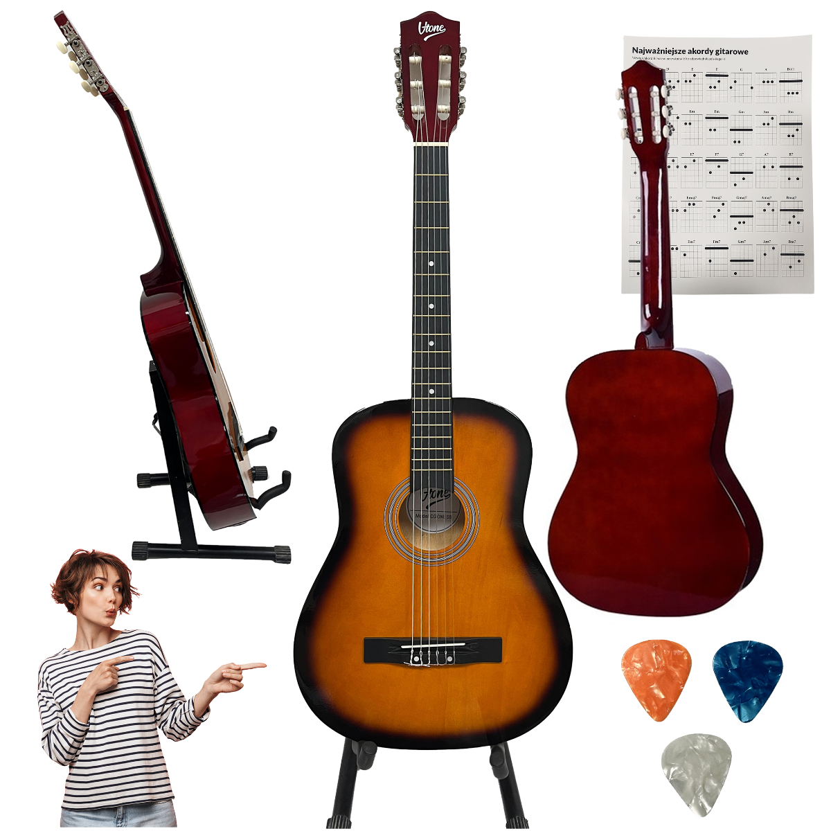 V-TONE BCG SB gitara klasyczna 4/4 sunburst do nauki dla początkujących 3x kostka do gry akordy zestaw