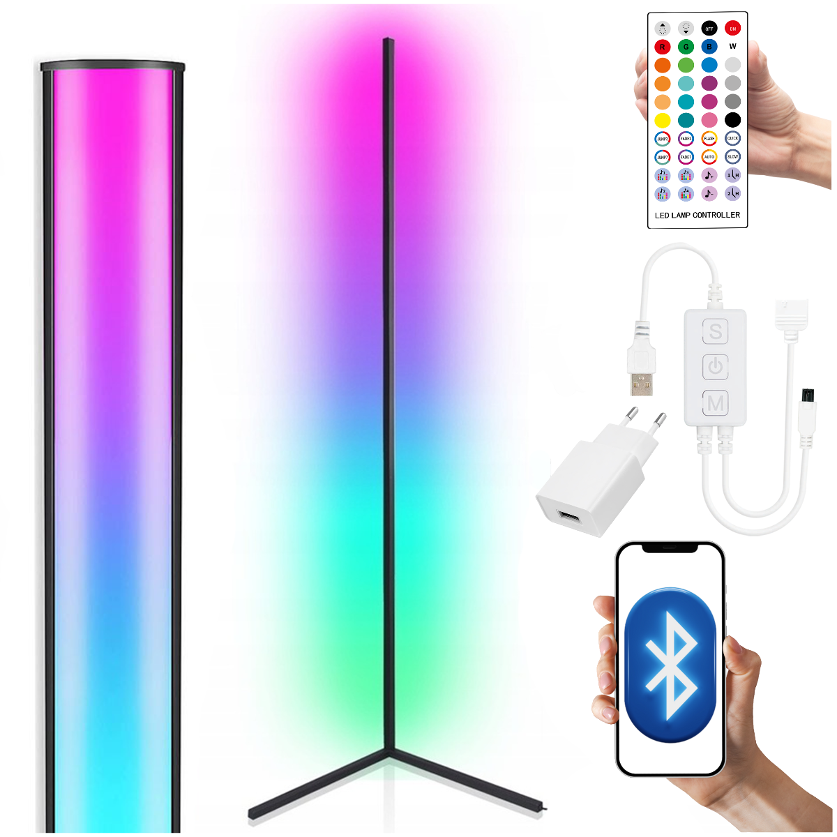 LIGHT4ME WALL POLE 1 narożna stojąca lampa podłogowa RGB LED biała pilot bezprzewodowy aplikacja Bluetooth 152 cm