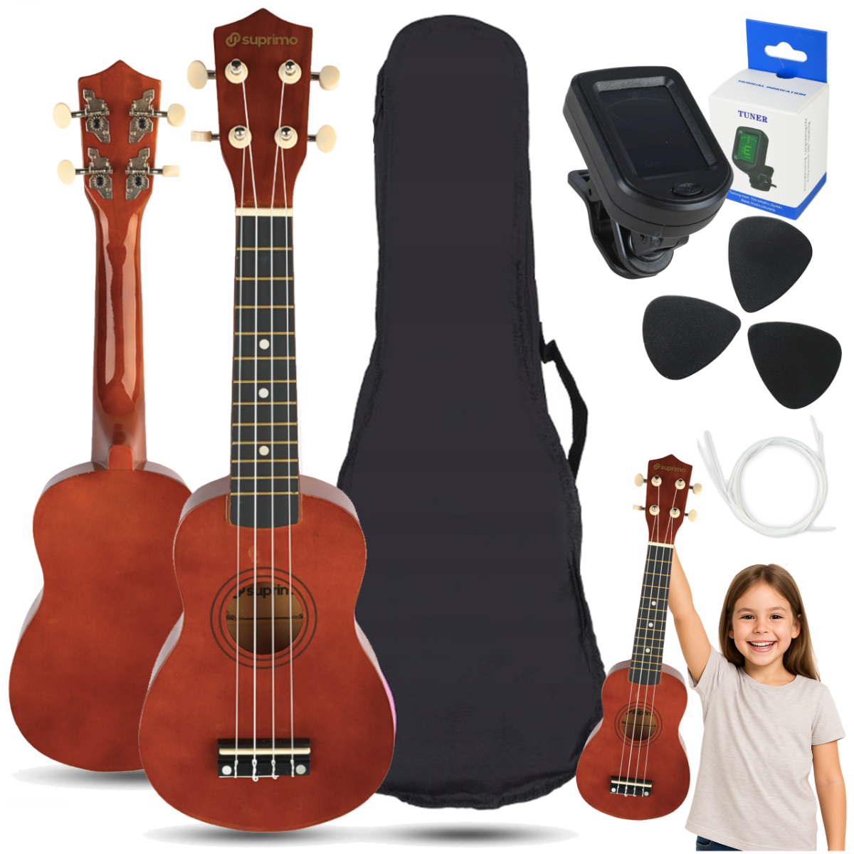SUPRIMO UK21 SET  DW ukulele sopranowe 21" ciemne drewniane pokrowiec 3 kostki do gry zapasowe struny tuner zestaw dla dzieci do nauki gry