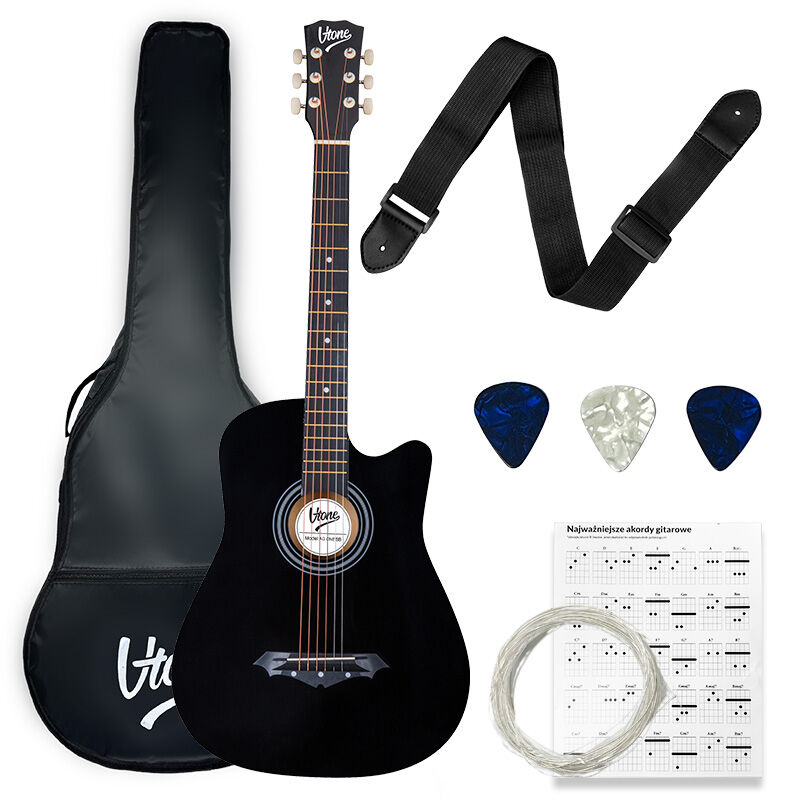 V-TONE AG ONE BK gitara akustyczna 4/4 black do nauki dla początkujących kostki pasek zapasowe struny pokrowiec akordy zestaw