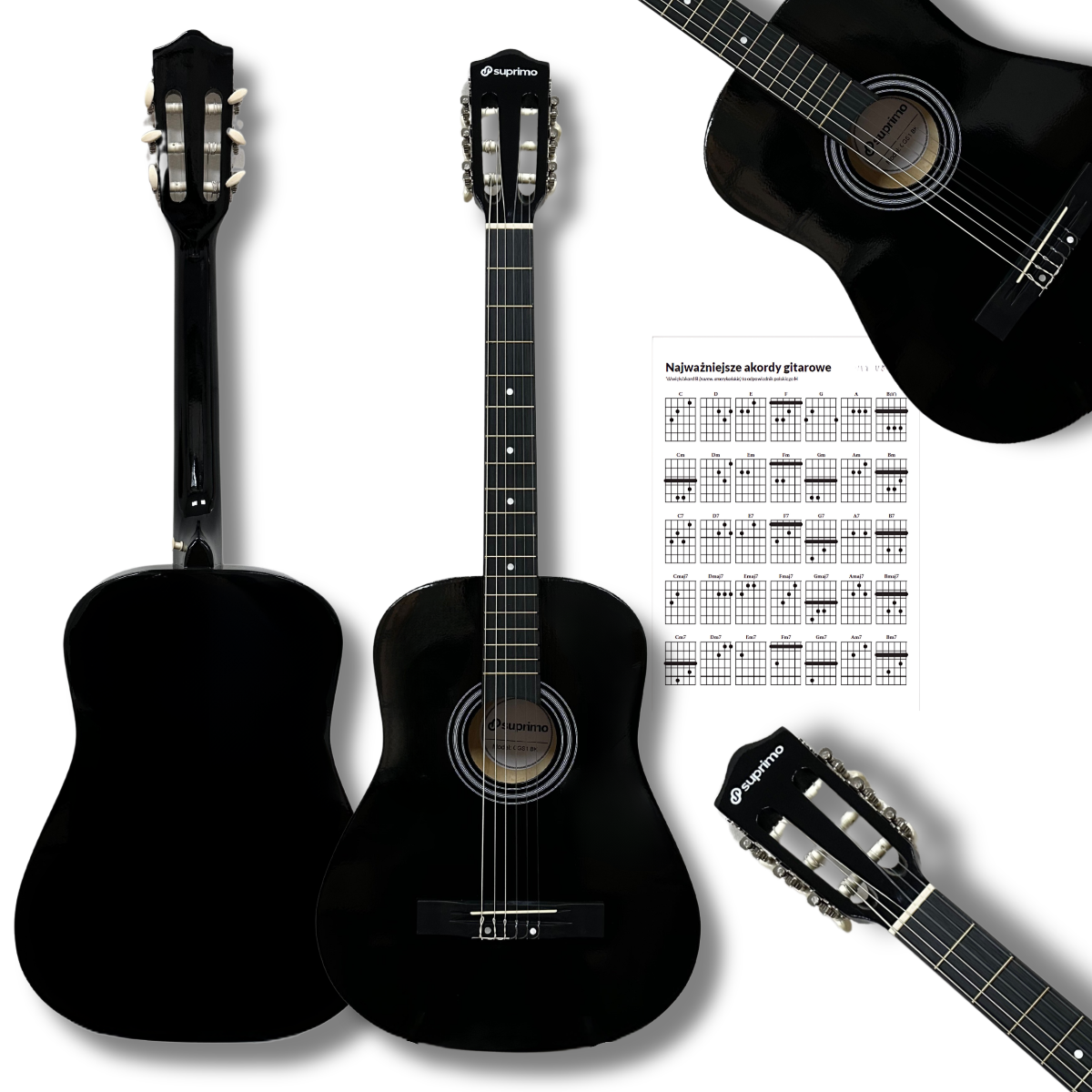 SUPRIMO CGS1 BK gitara klasyczna 4/4 czarna do nauki dla początkujących akordy zestaw