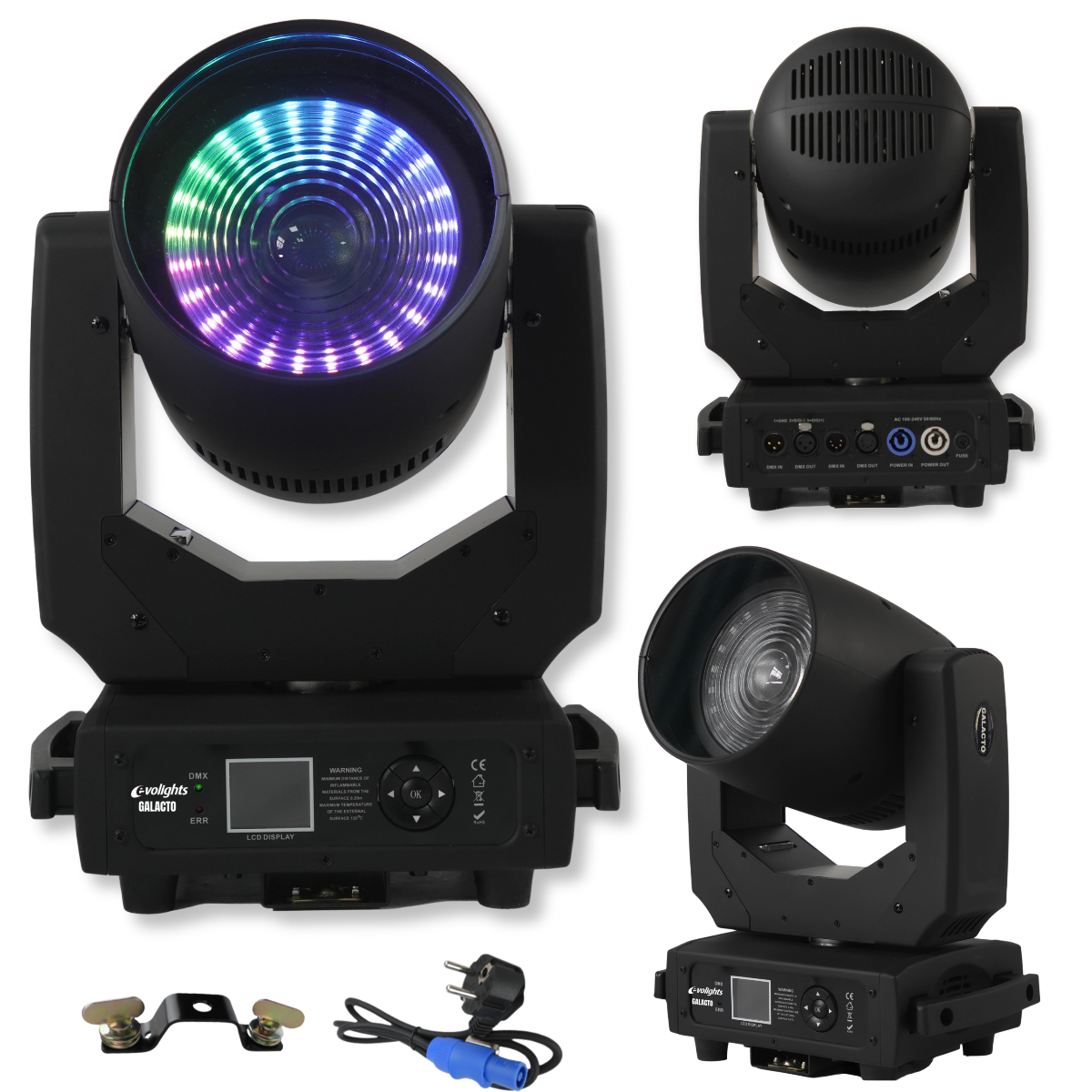 EVOLIGHTS GALACTO głowica ruchoma beam wash oświetlenie sceniczne 120W RGBL LED + 24x0,1W RGB SMD5050 LED efekt ring