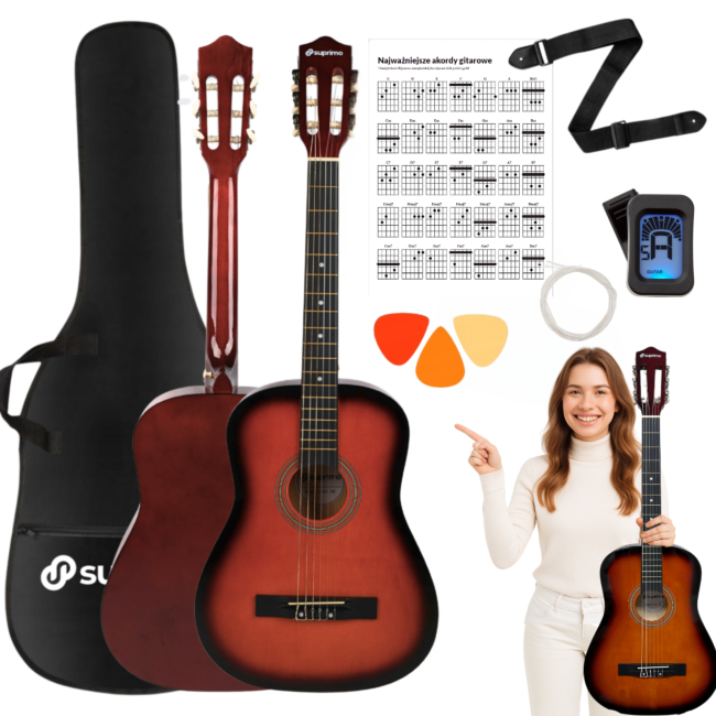 SUPRIMO CGS3 SB gitara klasyczna 4/4 sunburst do nauki dla początkujących tuner kostki pasek zapasowe struny pokrowiec akordy zestaw