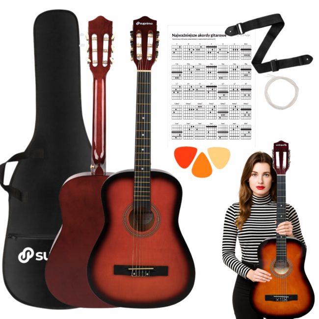 SUPRIMO CGS2 SB gitara klasyczna 4/4 sunburst do nauki dla początkujących kostki pasek zapasowe struny pokrowiec akordy zestaw
